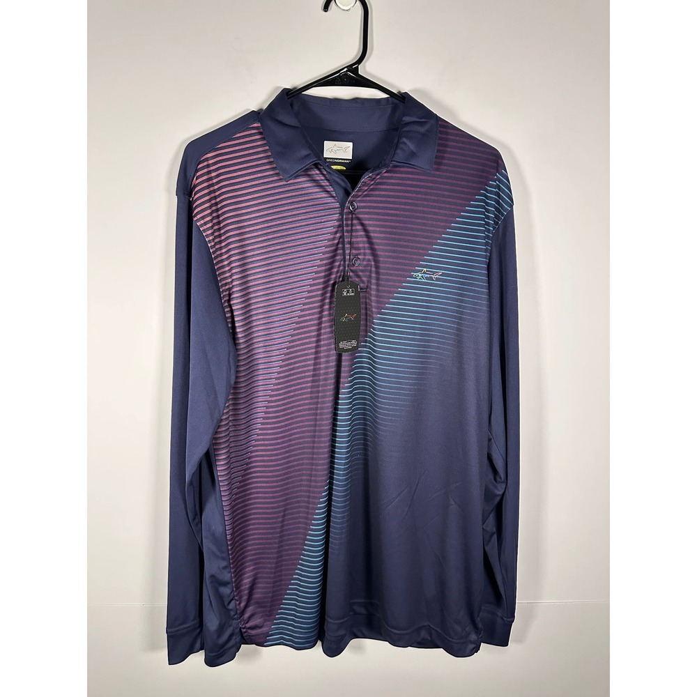 Greg Norman Polo Shirt Mens L Long Sleeve PlayDry Striped Navy Purple Golf NWT